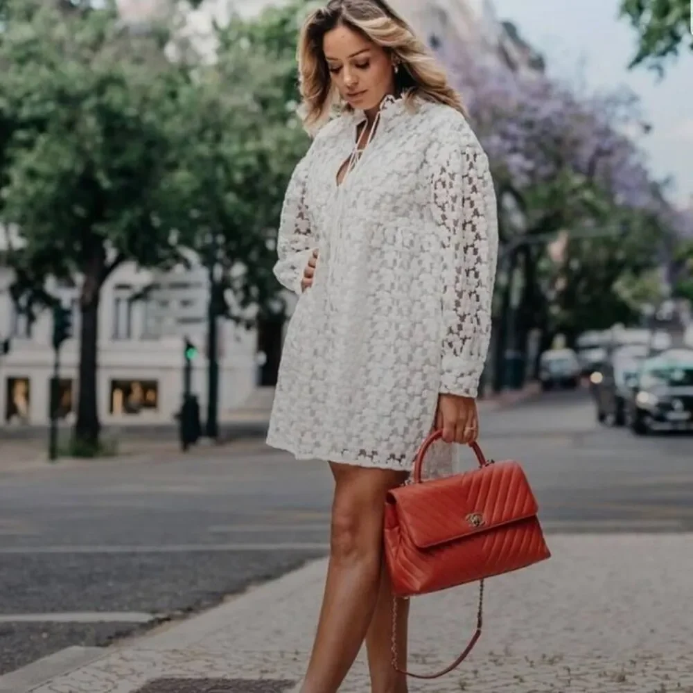 Zara Flower Lace Textured Long Sleeve Babydoll Mini Dress Size M